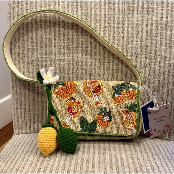 Unbranded Handbags - Viral Aperol Spritz Beaded Bag Fruit & Flower Shoulder Bag w/ Lemon Charm, Green